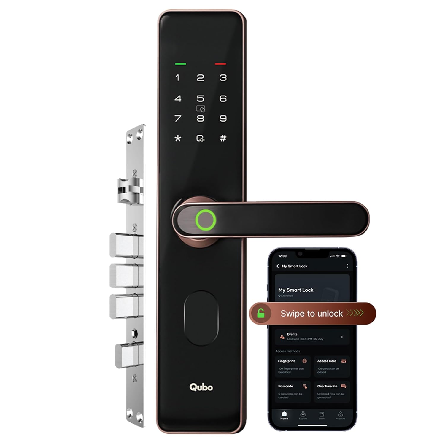 QUBO Smart Door Lock Select from Hero Group | 7-Way Unlocking | Fingerprint | OTP Remote Unlocking | PIN | RFID Card | Mobile App | Mechanical Key | 2 Year Brand Warranty | (Copper)